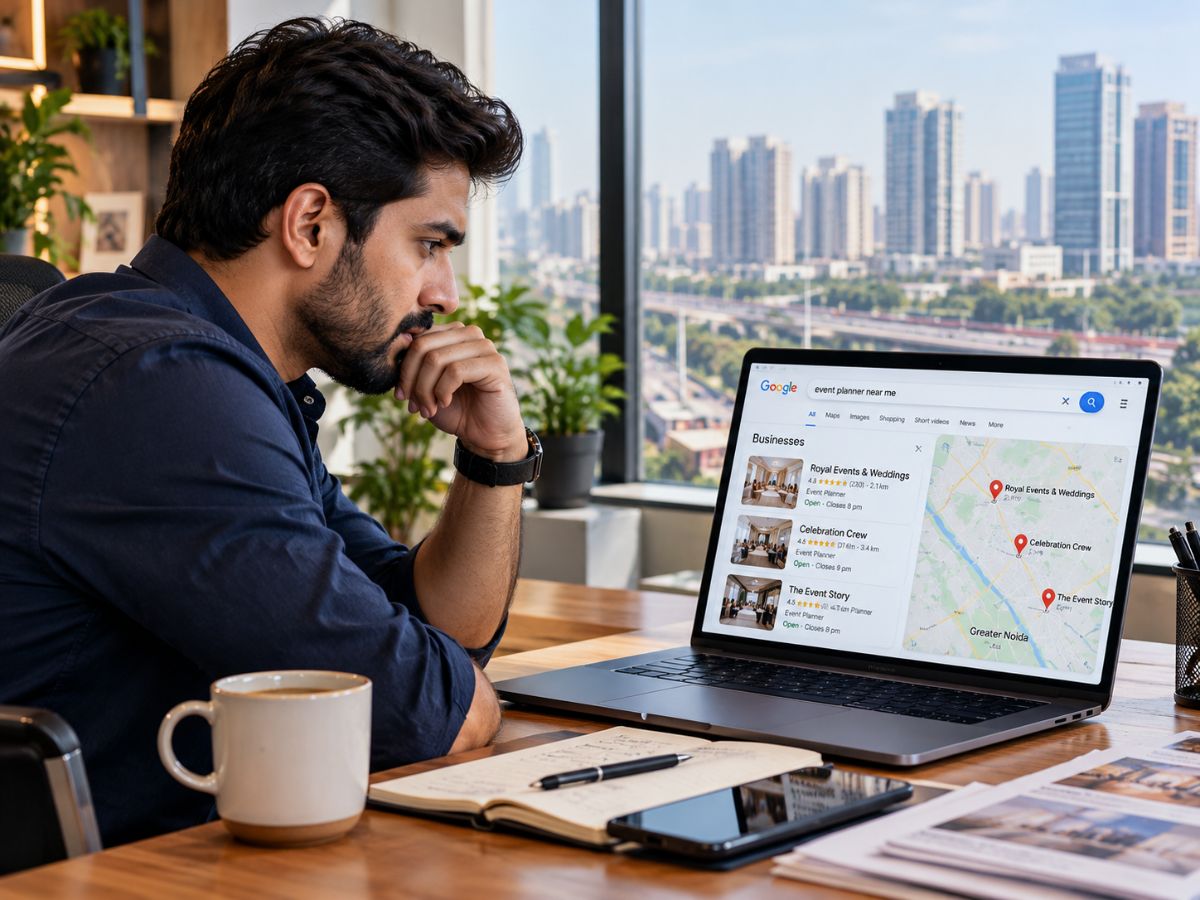 Business owner searching for “Event Planner Near Me” on Google and comparing local competitors in Greater Noida, while exploring how a digital marketing agency can help improve his business's online visibility.