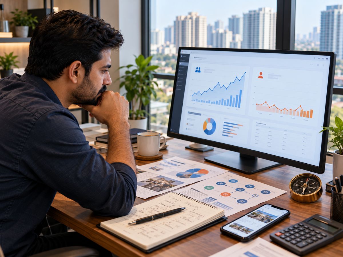 Indian business owner reviewing website traffic and customer enquiry reports to identify digital marketing mistakes.
