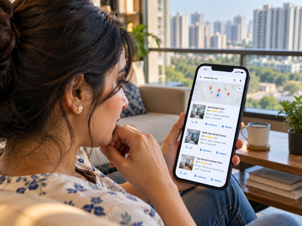 Customer searching Google Maps for a nearby dental clinic and comparing local business listings in Greater Noida.
