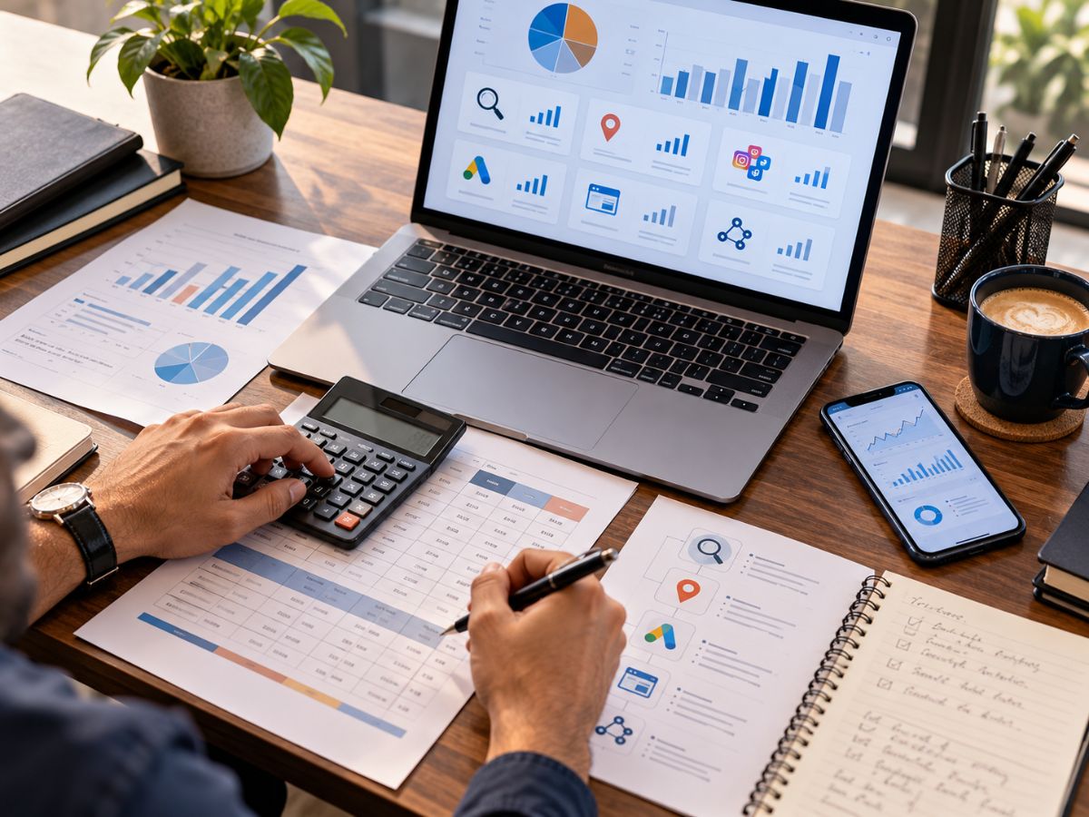 Marketing budget planning desk with laptop, calculator, and digital marketing service cost analysis.