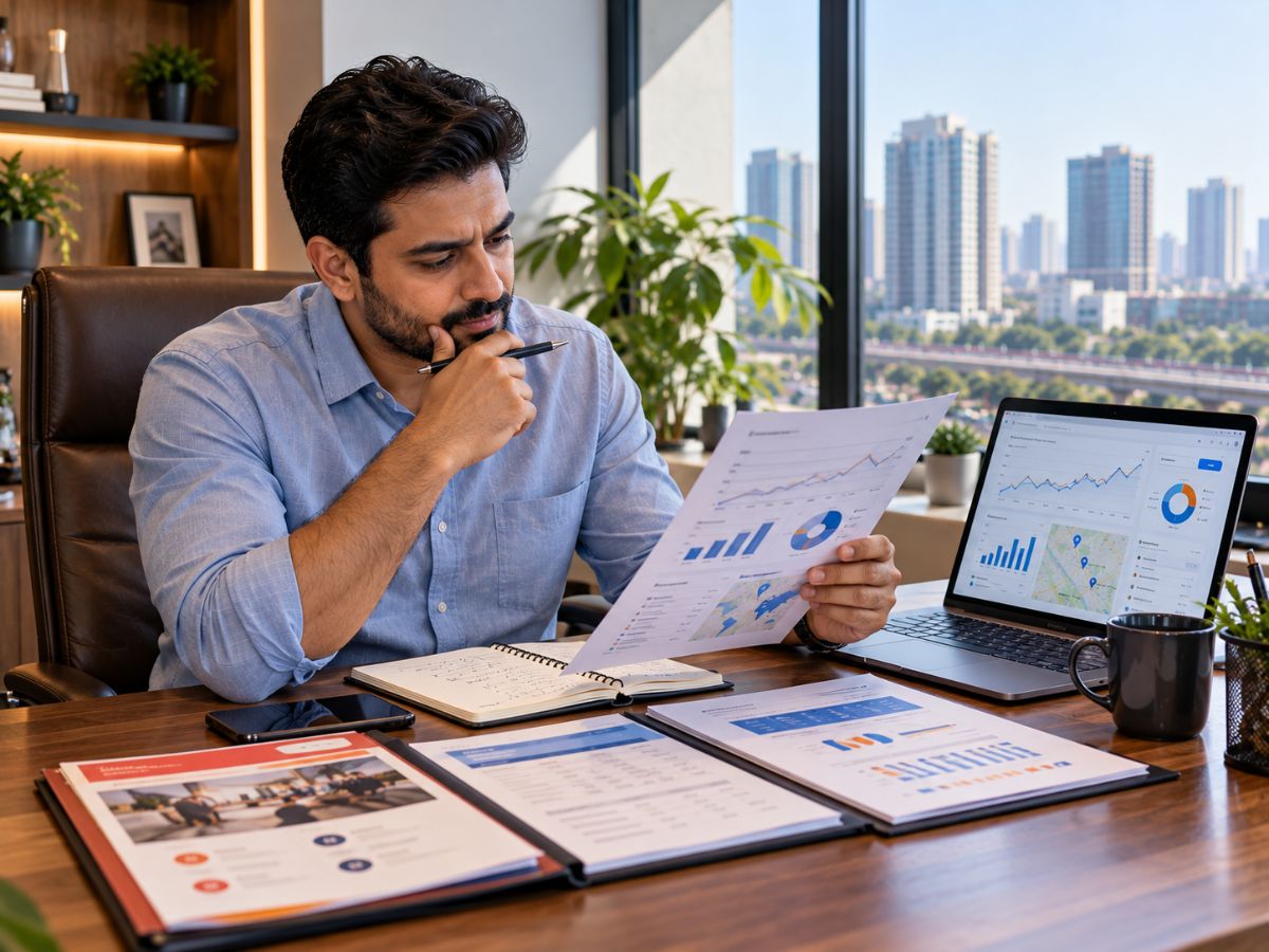 Indian business owner comparing digital marketing agency proposals and reviewing a personalised marketing strategy.