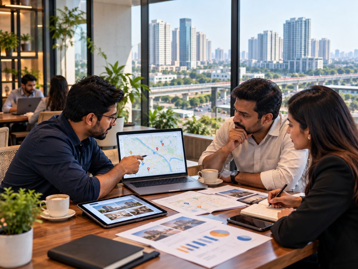 Local digital marketing consultants discussing a Greater Noida marketing strategy with an Indian business owner.