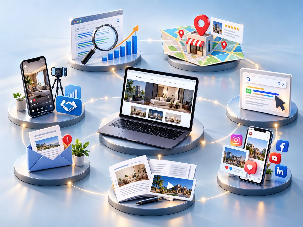 Illustration of seven types of digital marketing including SEO, Local SEO, PPC, social media, content marketing, email marketing, and influencer marketing.