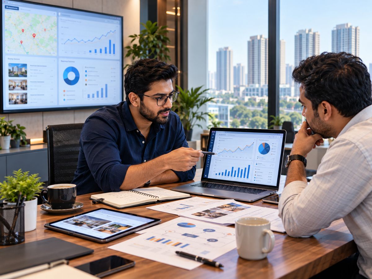 Digital marketing strategist discussing a customised SEO and online marketing strategy with a business owner in Greater Noida.