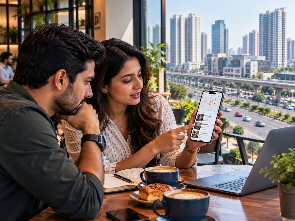 Indian customers comparing local business reviews and Google Maps listings in Greater Noida